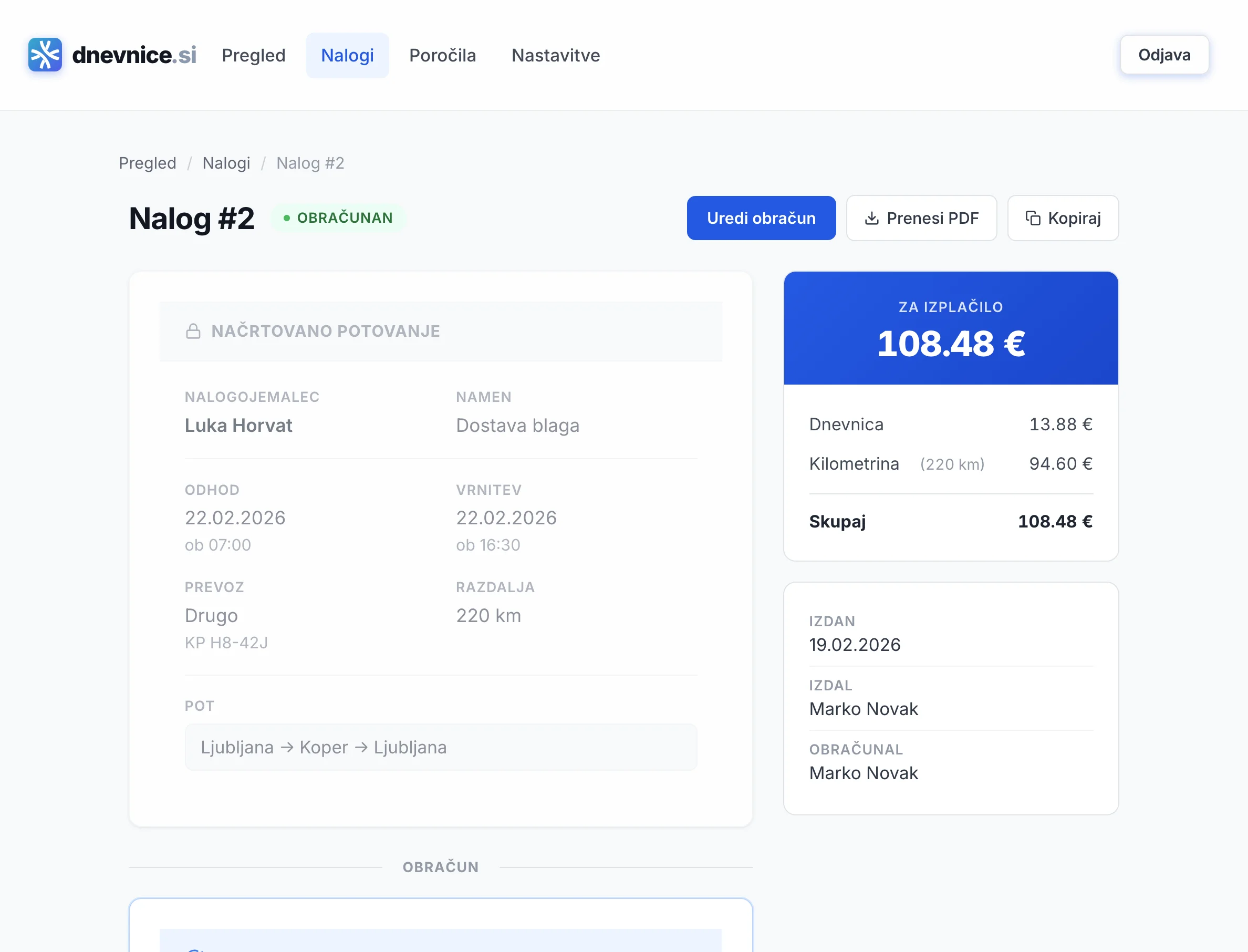 Obračunan potni nalog na dnevnice.si